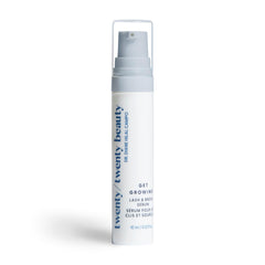 Twenty Twenty Beauty Get Growing lash-brow serum bottle pump shown for safe daily use and hydration