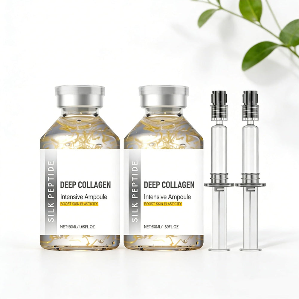 2PCS Silk Peptide Deep Collagen Serum bottle shows fast absorption and hydration.