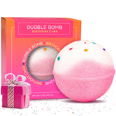 Two Sisters Birthday Cake Bath Bomb Box displays bright pink fizz for a luxurious soak.