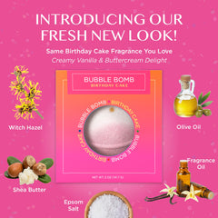 Two Sisters Birthday Cake Bath Bomb Pink Scent highlights sweet cake aroma for relaxation.