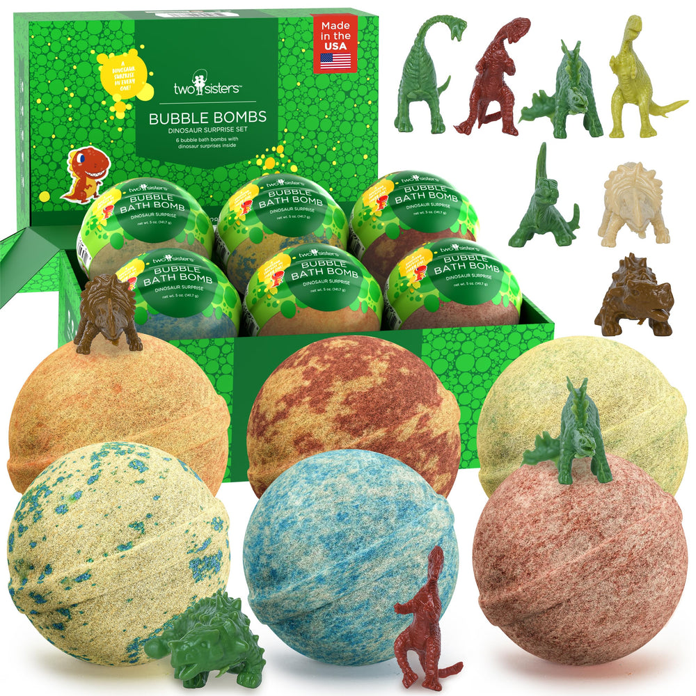 Two Sisters Dinosaur Bath Bombs packaging showing gift-ready presentation for kids