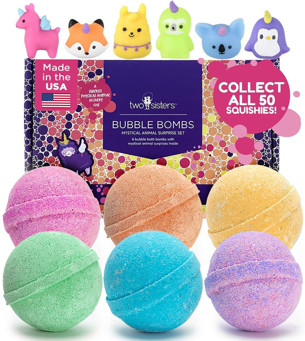 Two Sisters Mystical bath bomb reveals unicorn toy with vibrant colors for curious kids.