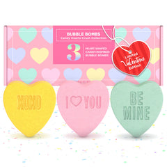 Two Sisters Valentines heart bath bombs pack front with vibrant colors for a soothing soak.