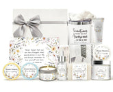 TXBOSWF spa gift basket contents with scented candle for relaxing home spa.