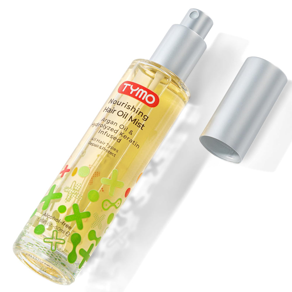 TYMO Argan Hair Oil Spray bottle close-up showing even, grease-free application for smooth hair