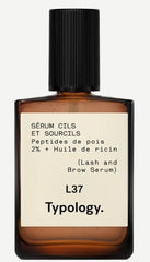 Typology Eyebrow Eyelash Serum bottle close-up highlighting pea peptides for lash nourishment.