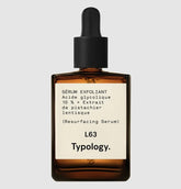 Typology L63 Exfoliating Serum bottle close-up showcasing 10% glycolic acid exfoliation.