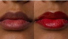 Typology Tinted Lip Oil Ruby Red swatch shows rich color and shine.