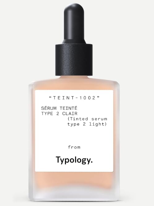 Typology tinted serum bottle front for a light, natural finish