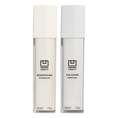 U Beauty Resurfacing Compound bottle close-up, brightening and refining skin texture.