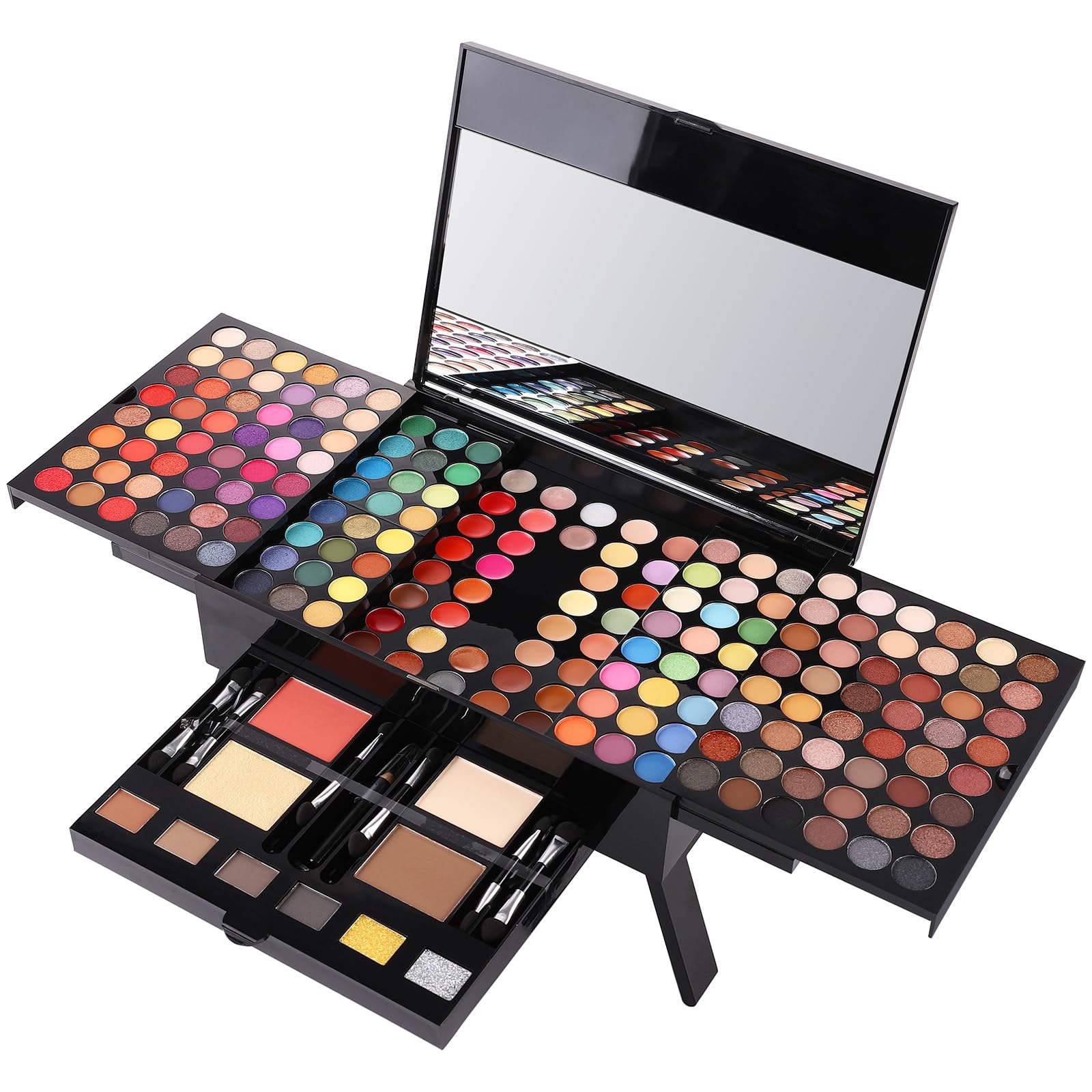 UCANBE coffret maquillage tout-en-un ouvert, rangement pratique pour un look complet.