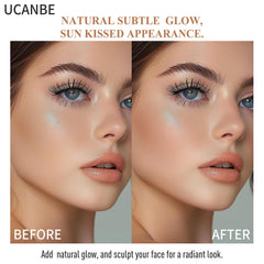 UCANBE Glow Bronzer soft shimmer on skin for radiant finish.