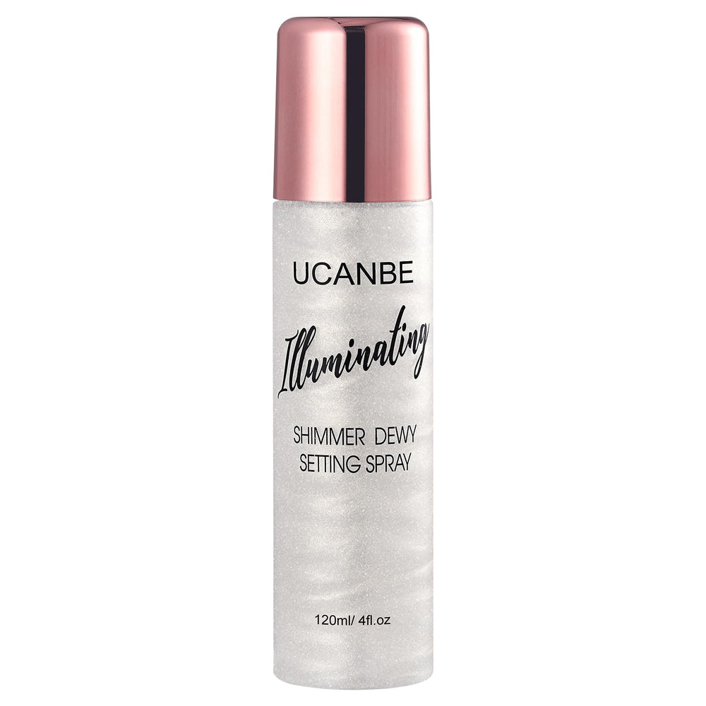 UCANBE Shimmer Dewy Setting Spray bottle close-up showing radiant glow on skin.