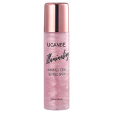 UCANBE Shimmer Dewy Setting Spray bottle showcases radiant glow for makeup setting.