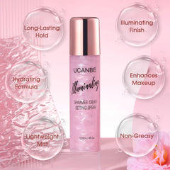 UCANBE Shimmer Dewy Setting Spray glow finish enhances complexion with subtle shimmer.
