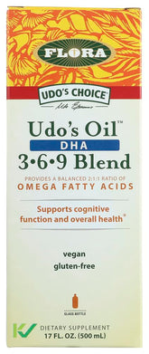 Udo's Choice DHA Oil Blend bottle highlights algae-based DHA for heart and brain support.