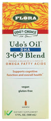 Udo's Choice DHA Oil Blend bottle highlights algae-based DHA for heart and brain support.