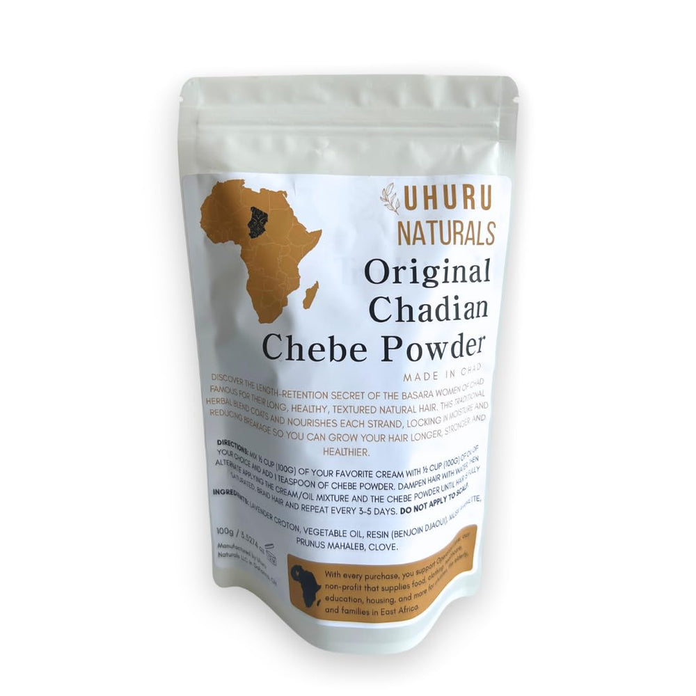 Uhuru Naturals ChadianChebe Powder bottle for moisturizing hair and deterring breakage.