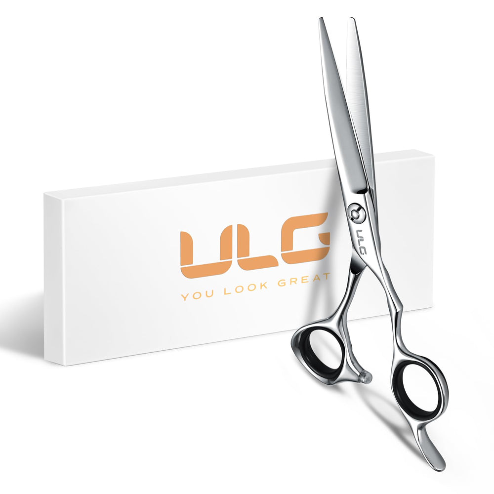 ULG hair cutting scissors 6.5-inch blade close-up shows sharp Japanese steel for precise cuts.