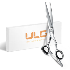 ULG hair cutting scissors 6.5-inch blade close-up shows sharp Japanese steel for precise cuts.
