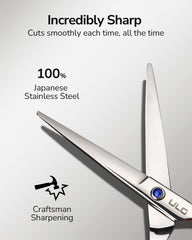 ULG hair cutting scissors close-up blade highlights sharp, clean trims.