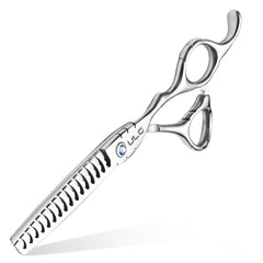ULG hair thinning scissors in action with 16-tooth chunker for precise thinning