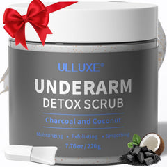 Ulluxe Charcoal Underarm Scrub jar showing texture for gentle detox and hydration.