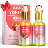 ulluxe Yoni Oil bottle with dual peach and strawberry flavors for daily moisture