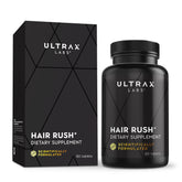 Ultrax Labs Hair Rush bottle close-up showing solubilized keratin formula for hair support