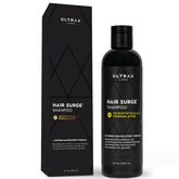 Ultrax Labs Hair Surge bottle pouring, caffeine-rich formula for thicker-looking hair.