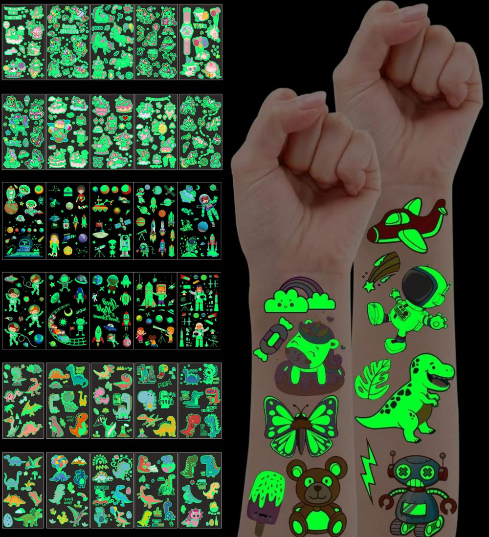 ULUEXEZA fluorescent dinosaur tattoo glows, perfect for parties and sleepovers.