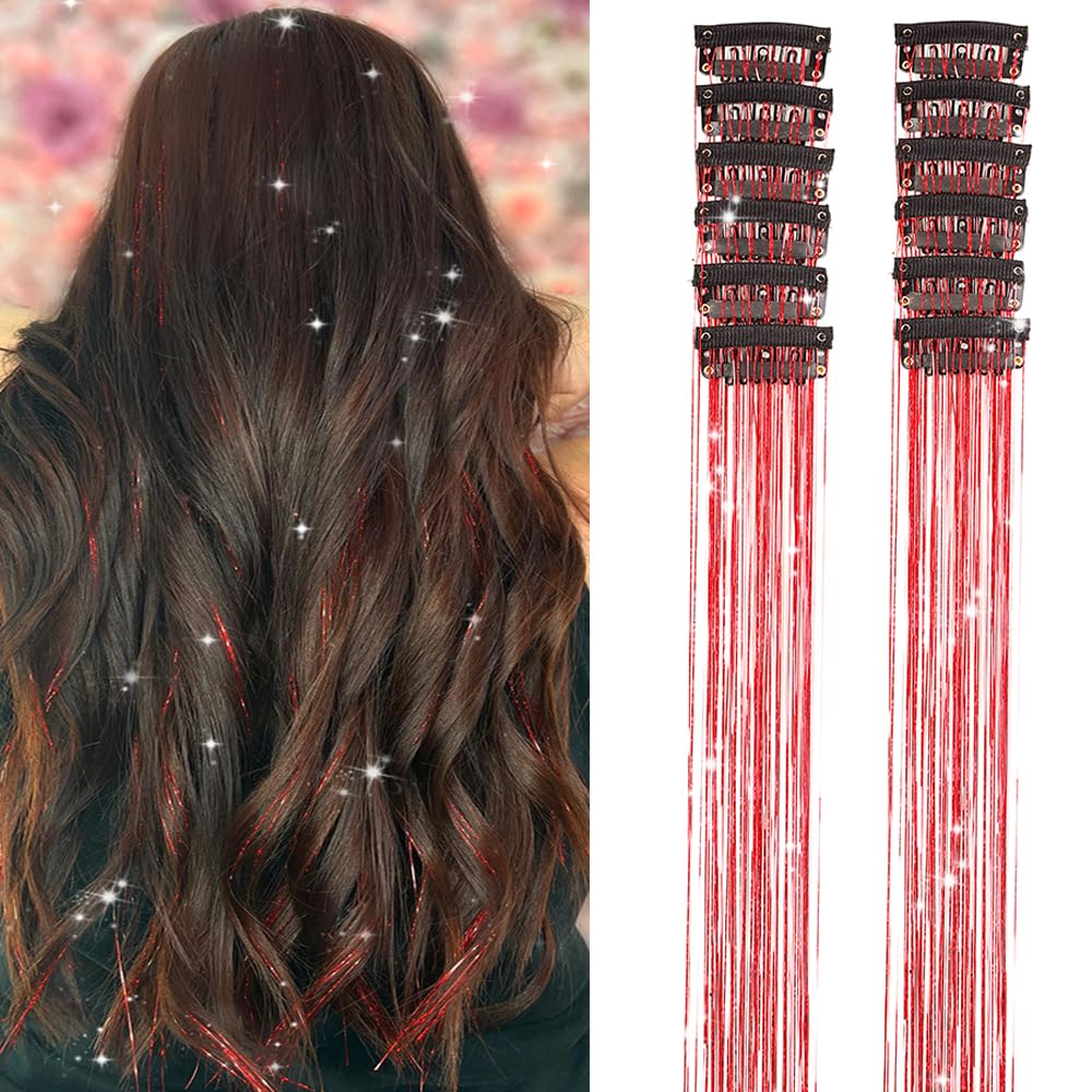 Umylar hair tinsel clip red 12pcs for quick glitter highlights and party-ready looks.