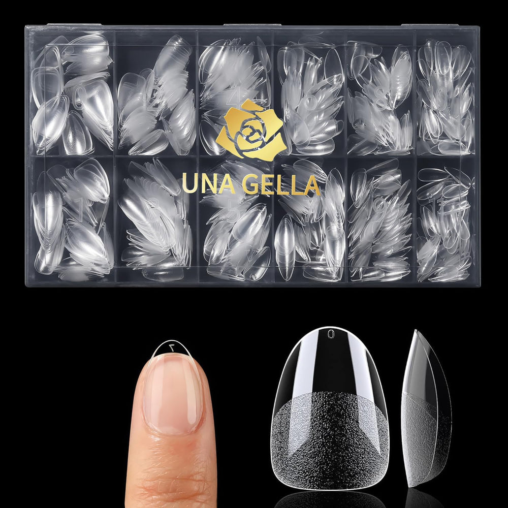 UNA GELLA extra short almond nail tips with inner deep matte for secure adhesion.