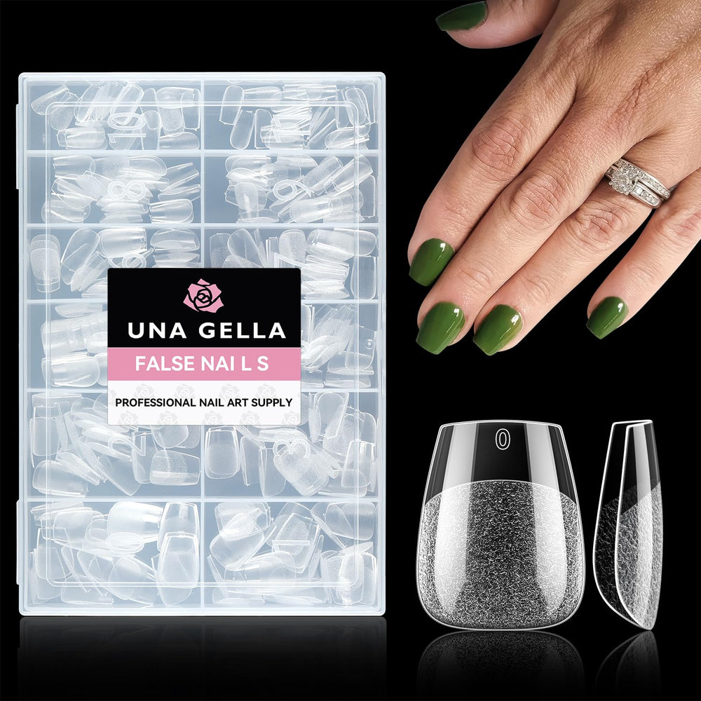 UNA GELLA extra short coffin tips on display showing a clear salon-like DIY look.