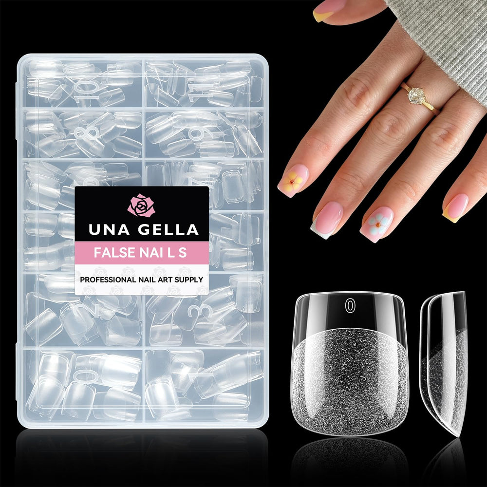 UNA GELLA Extra Short Square Tips pack shows 12 sizes for precise DIY nails.