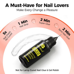 UNA GELLA remover applied to nail edge for quick lift and clean removal.