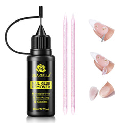 UNA GELLA nail glue remover bottle closeup, acetone-free formula for gentle glue removal.