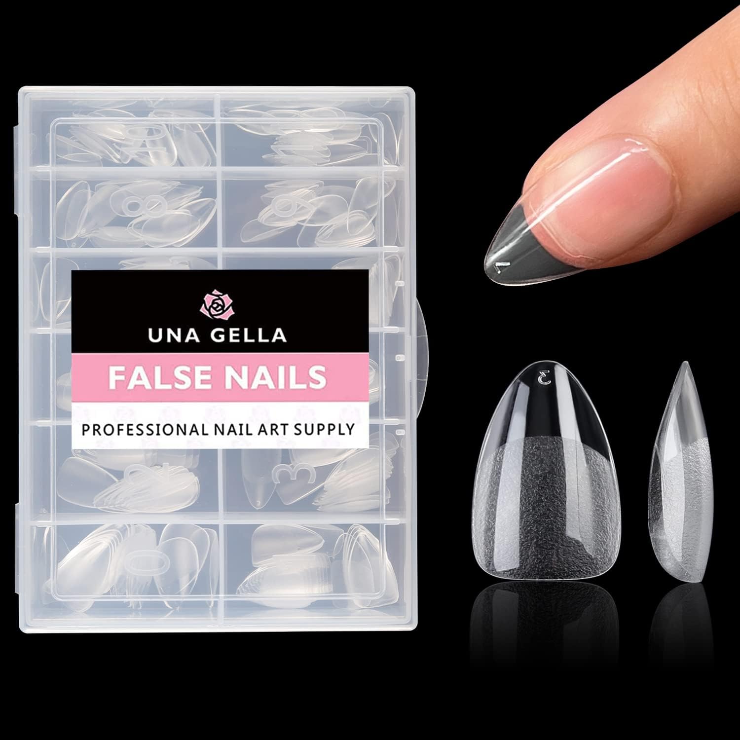 UNA GELLA Short Almond Tips pack close-up for quick at-home manicures.