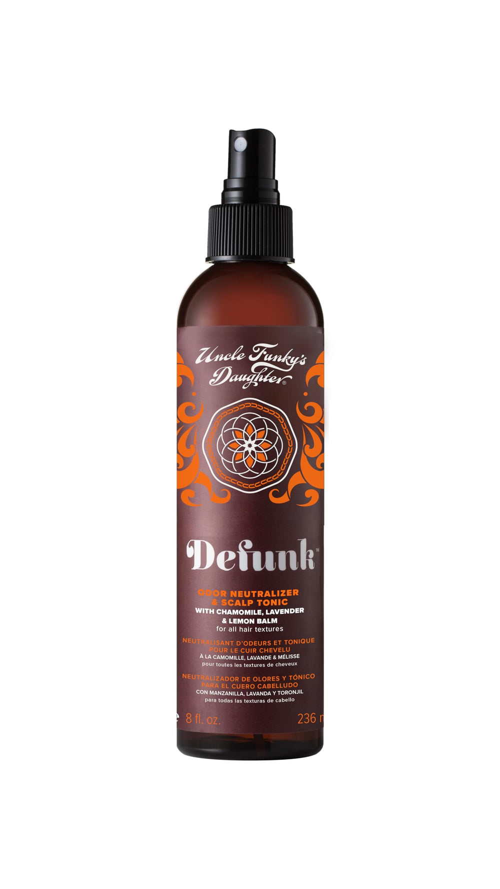 Uncle Funky's Daughter Defunk hair odor tonic bottle on shelf neutralizes odors.