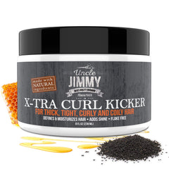 Uncle Jimmy X-TRA Curl-Kicker curl definition on thick, bouncy waves for shine and shape.