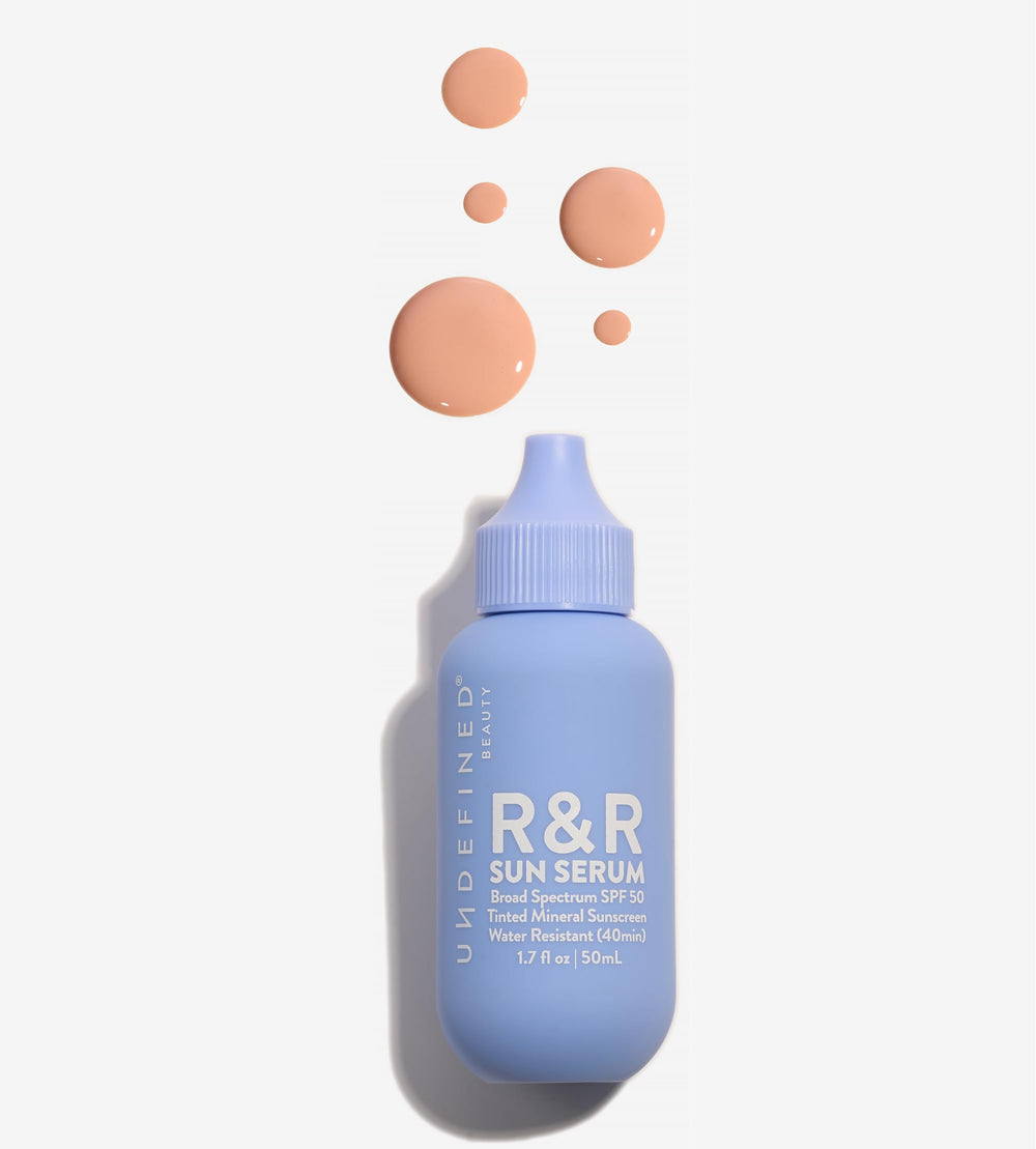 Undefined Beauty R&R Sun Serum bottle with swirled tinted mineral formula for a natural finish.