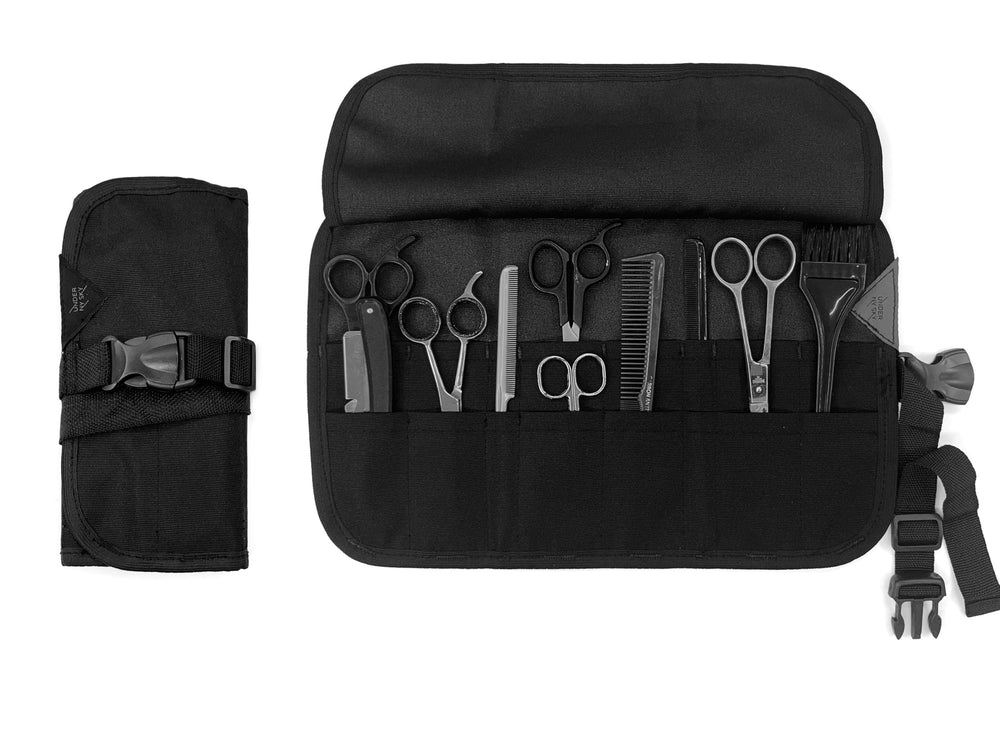 Under NY Sky scissors roll-up holder closed, compact storage for a pro toolkit.