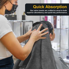 UNIMADE salon towels gray being used to dry hair quickly in a spa setting