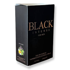 United Scents BLACK INTENSE glass bottle on a vanity, elegant shelf presence.