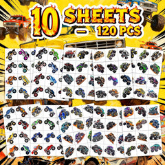 UNQFELENS Monster Truck tattoos displayed as party favors and decor.