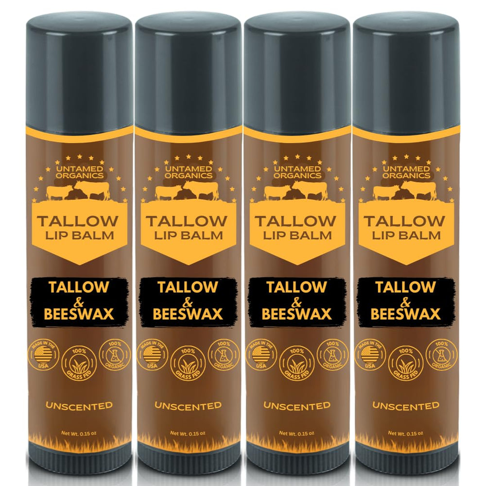Untamed Organics Pure Tallow Lip Balm packaging close-up, fragrance-free care for sensitive lips.