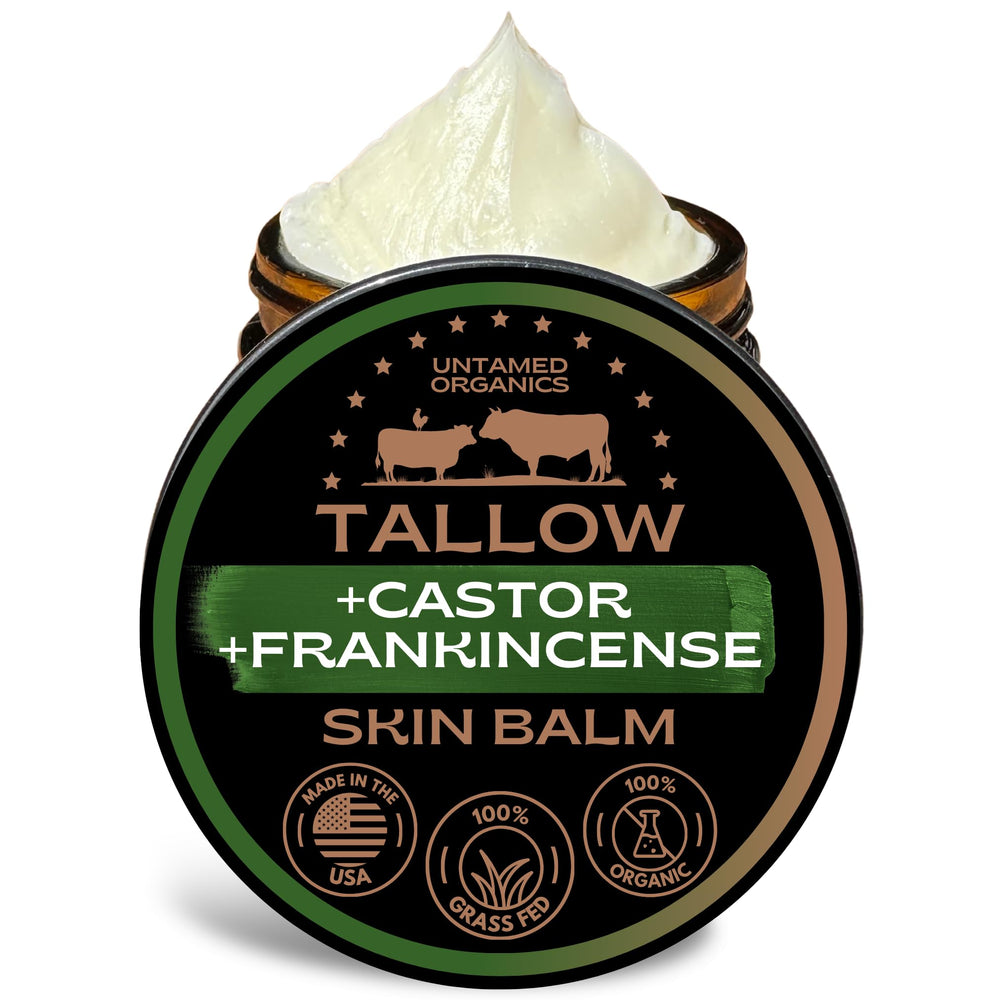 Untamed Organics tallow balm jar provides rich moisture for sensitive skin.