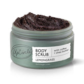 UPCIRCLE Exfoliating coffee body scrub jar close-up showing textured grains for smooth skin.