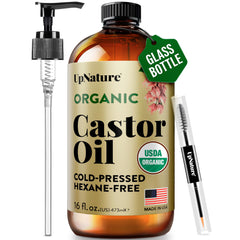 UpNature organic castor oil bottle in glass with pump for easy use.