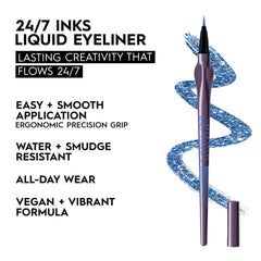 URBAN DECAY 24/7 Inks Hi-Energy blue shimmer swatches on skin reveal rich color payoff